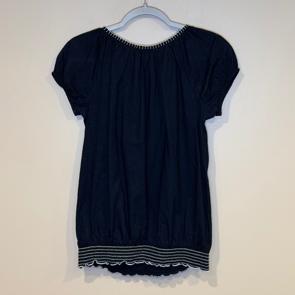 Banana Republic Womens Boho Embroidered Blouse Navy Small Tassel Smocked Top - Picture 4 of 6